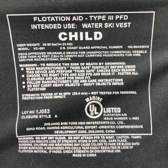 O’Rageous Type III Life Jacket Child 30-50 Lbs Yellow Blue Gray Straps Buckles - Picture 10 of 12